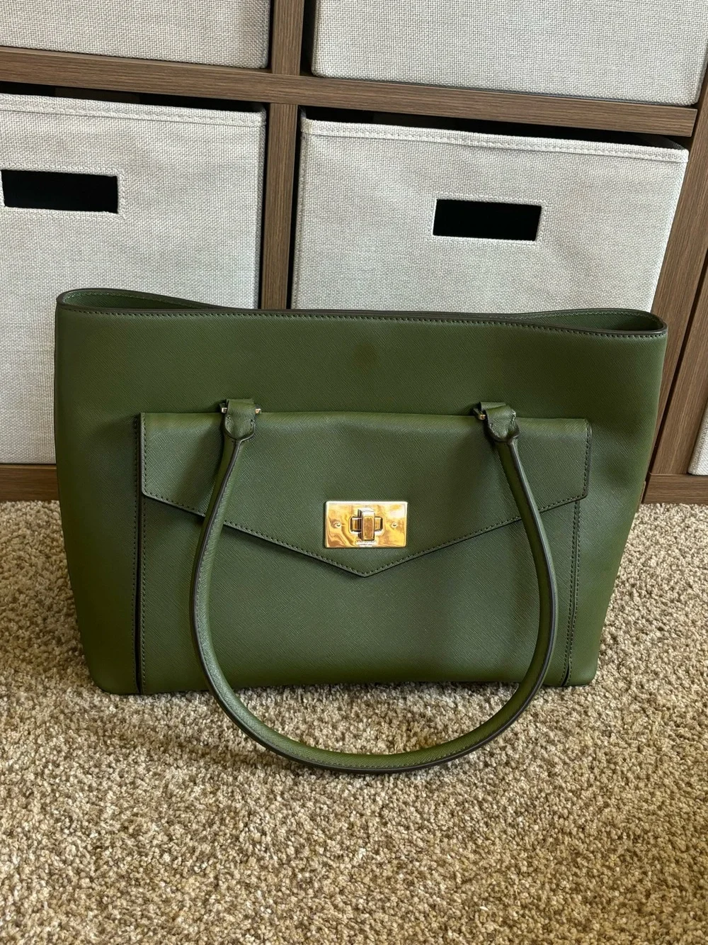 Kate Spade Olive Green Leather Tote Bag with Turn-Lock